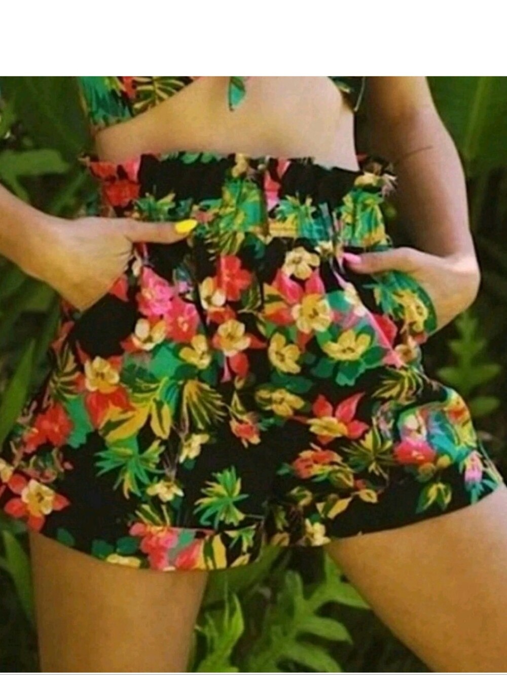 Express x Rocky Barnes High Waist Shorts Linen Cotton Pockets Floral Black XS